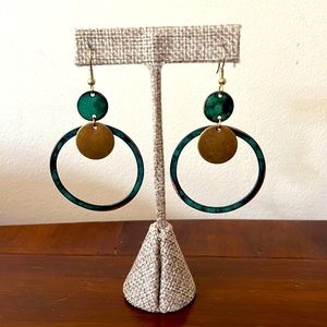 🌷Teal Drop Dangle Hoops. Teal and Brass